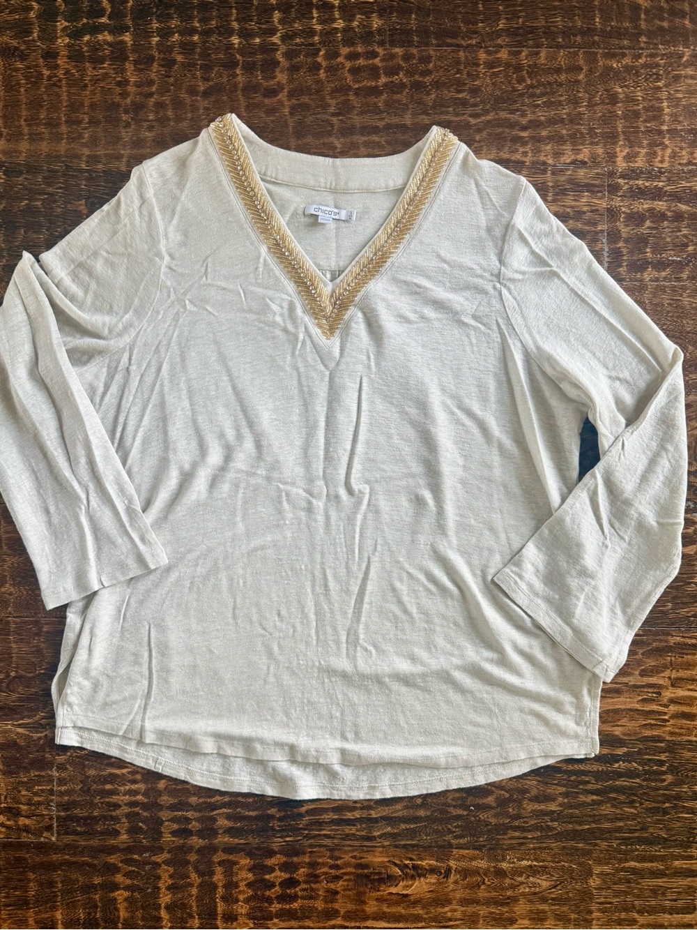 🆕 Chico's Linen Embellished V-Neck Tunic - Beige/Tan - Size 3 (XL) - EUC